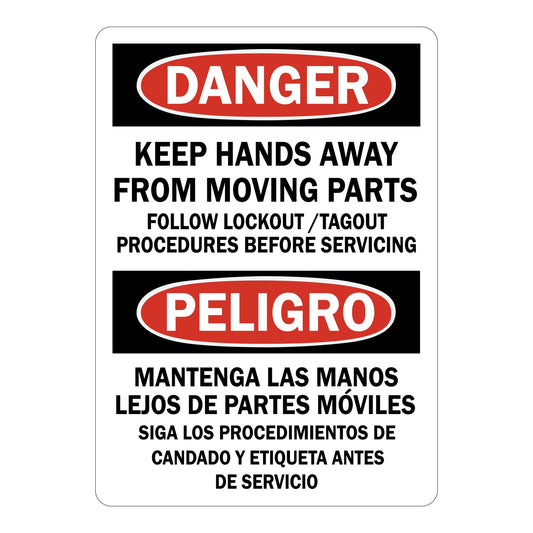 Bilingual Danger: Keep Hands Away From Moving Parts. Follow Lockout/Tagout Procedures Before Servicing