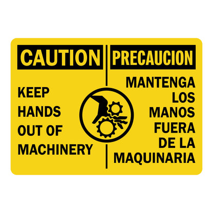 Keep Hands Out Of Machinery sign with yellow Caution header, with safety graphic and matching English and Spanish warning text