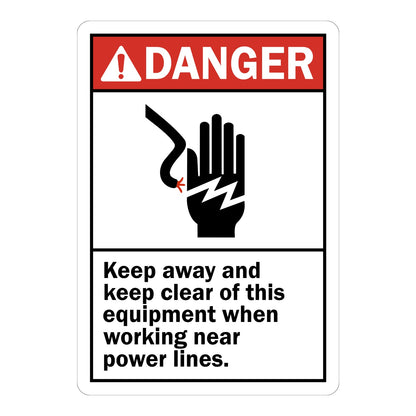 ANSI Danger: Keep Clear When Working Near Power Lines Sign Sticker with red header and electric shock hand icon, warning workers to stay clear of equipment.