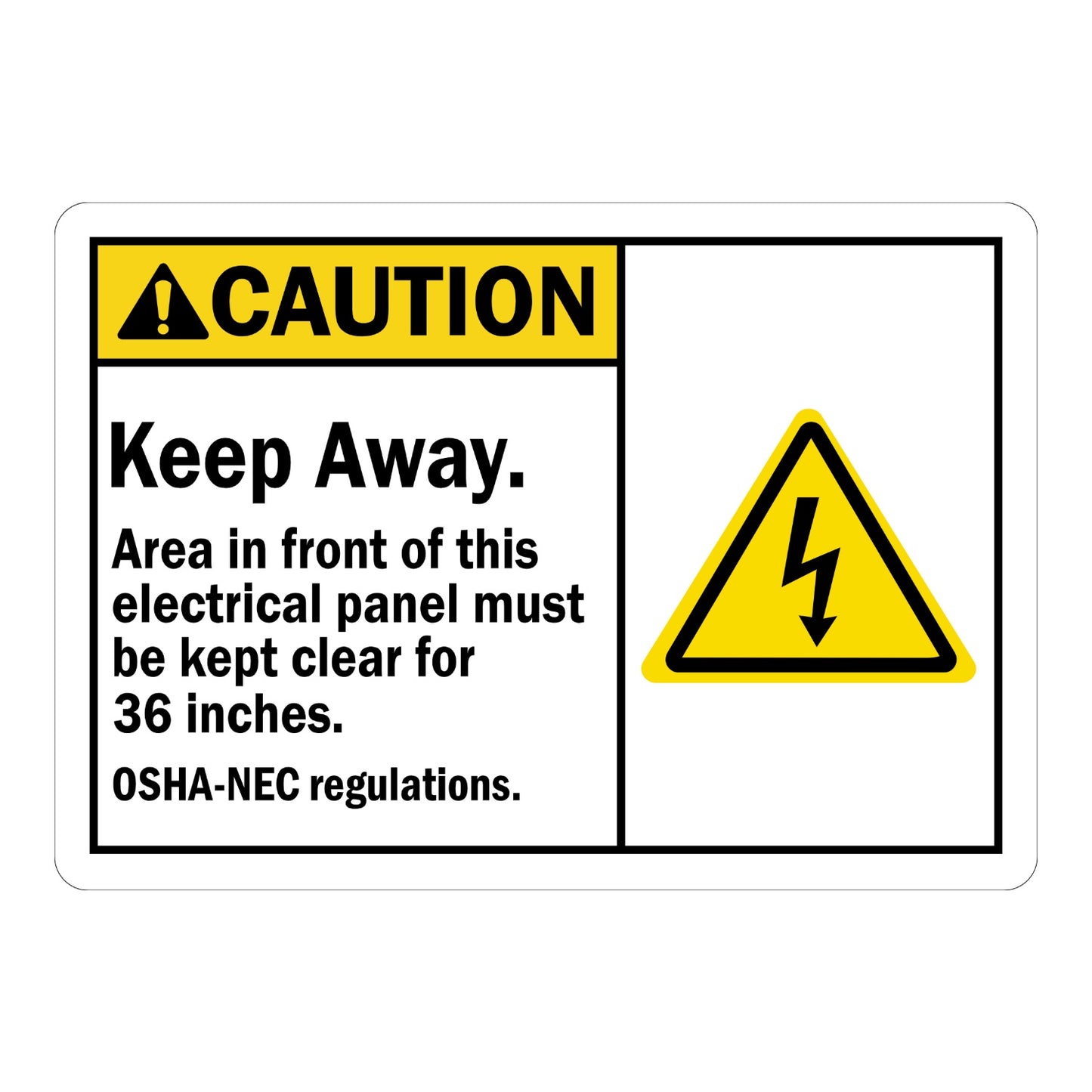 ANSI Caution: Keep Away, Panel Clear for 36 Inches, OSHA-NEC Sign Sticker with yellow header and electric shock hazard icon, enforcing required panel clearance.