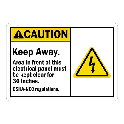 ANSI Caution: Keep Away, Panel Clear for 36 Inches, OSHA-NEC Sign Sticker with yellow header and electric shock hazard icon, enforcing required panel clearance.