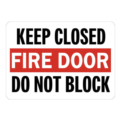 Keep Closed Fire Door Do Not Block Sign Sticker – white sign with a red banner highlighting "Fire Door" and bold black text instructing to keep it closed and not blocked