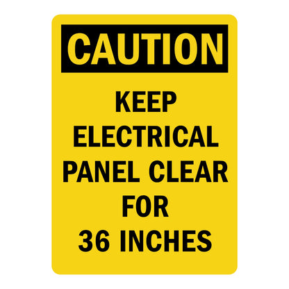 OSHA Caution: Keep Electrical Panel Clear for 36 Inches sign stickers featuring bold black CAUTION header on yellow background, marks required clearance