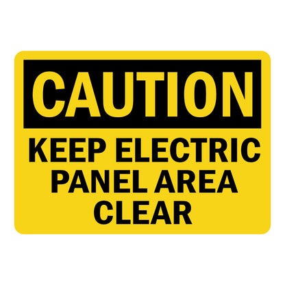 OSHA Caution: Keep Electric Panel Area Clear sign stickers featuring bold black CAUTION header on yellow background, marks required electrical panel clearance