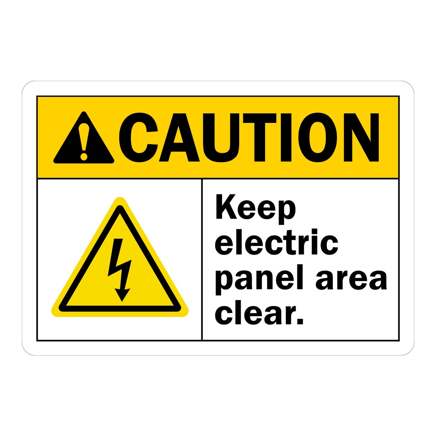ANSI Caution: Keep Electric Panel Area Clear (With Graphic) Sign Sticker with yellow CAUTION header and electric shock icon, used to mark panels and keep clearance for safe access.