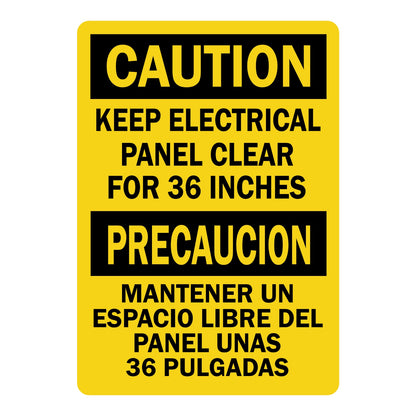 Bilingual OSHA Caution: Electrical Panel Clear for 36 Inches Sign Sticker with yellow background and black English/Spanish text, enforcing panel clearance at bilingual worksites.