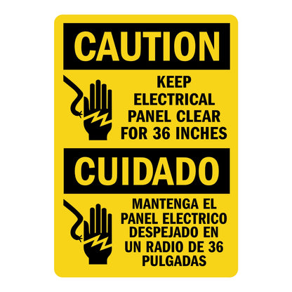 Bilingual OSHA Caution: Keep Electrical Panel Clear for 36 Inches sign stickers featuring bold shock hazard hand icon, in English and Spanish text
