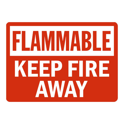 Warning: Flammable Keep Fire Away sign sticker with bold red text on white and bold white text on red, ideal for hazard identification in industrial and storage areas.