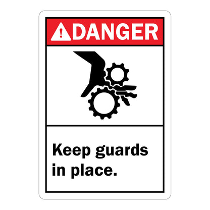 Vertical ANSI Danger sign with red header, black pinch point gear and hand injury symbol, and text reading Keep Guards In Place on white background for machine safety.