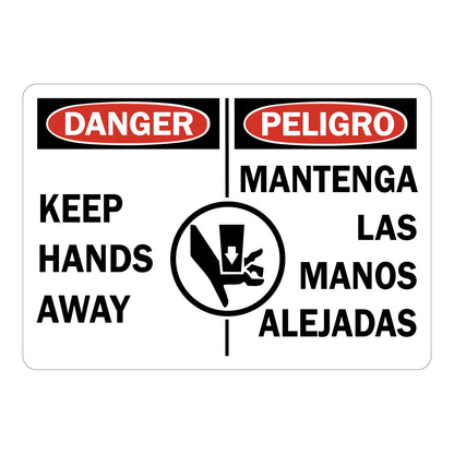 Keep Hands Away sign with red Danger header, with safety graphic and matching English and Spanish warning text