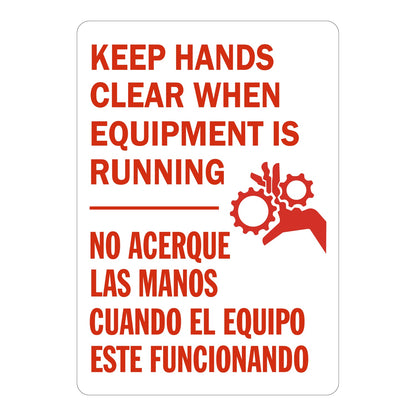 Bilingual red and white safety sign sticker: "Keep Hands Clear When Equipment Is Running / No Acerque Las Manos Cuando El Equipo Este Funcionando" with gear hazard symbol sign sticker.