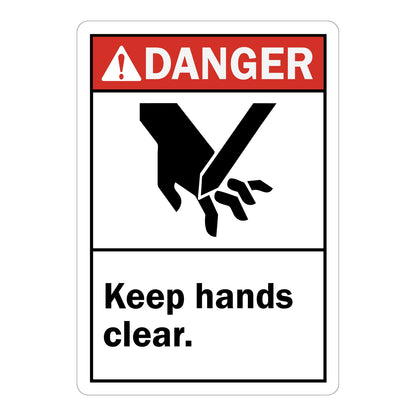 Keep Hands Clear sign with red Danger header and bold warning text, with safety graphic