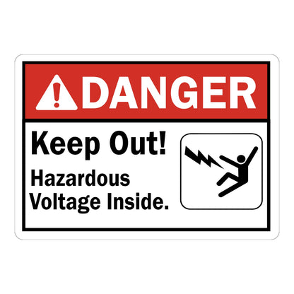 ANSI Danger: Keep Out! Hazardous Voltage Inside Sign Sticker with red DANGER header and electrocution icon in boxed frame on white background, restricts entry.