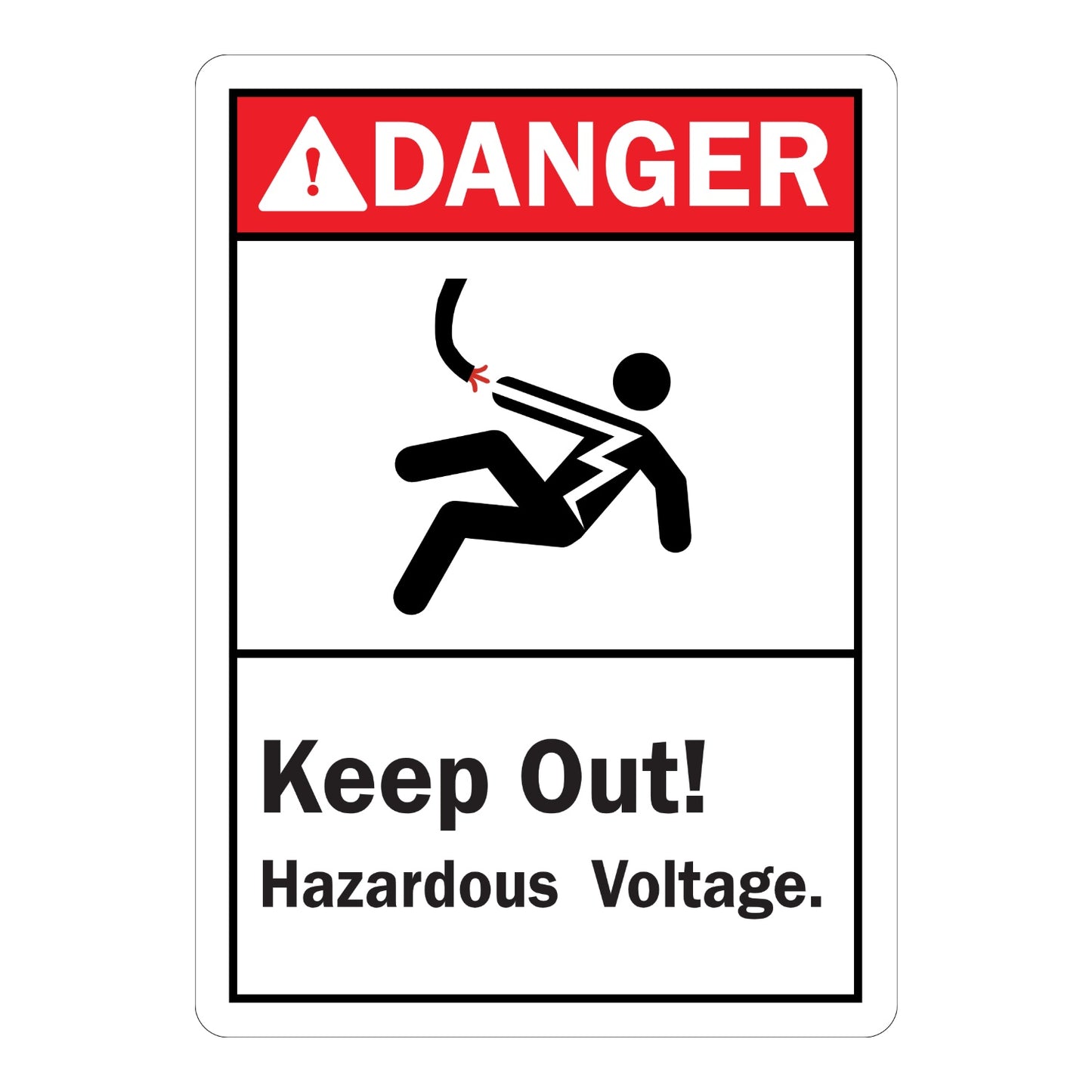 ANSI Danger Keep Out! Hazardous Voltage Sign Sticker with red header, black warning triangle icon, and electrical shock hazard graphic for restricted electrical areas.