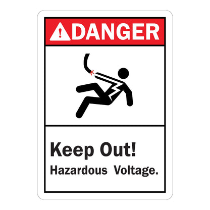 ANSI Danger Keep Out! Hazardous Voltage Sign Sticker with red header, black warning triangle icon, and electrical shock hazard graphic for restricted electrical areas.
