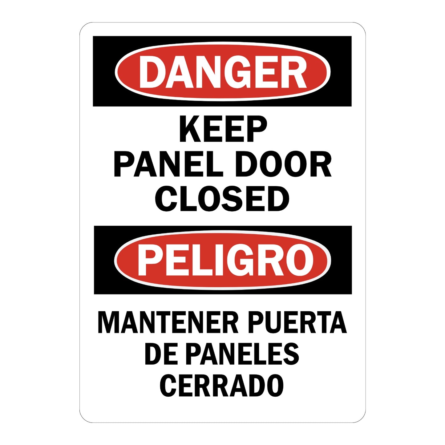 Bilingual OSHA Danger: Keep Panel Door Closed Sign Sticker with red DANGER oval header and black English/Spanish text, used to keep electrical panel doors securely closed.