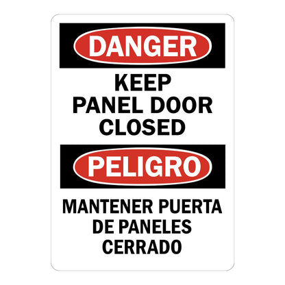 Bilingual OSHA Danger: Keep Panel Door Closed Sign Sticker with red DANGER oval header and black English/Spanish text, used to keep electrical panel doors securely closed.