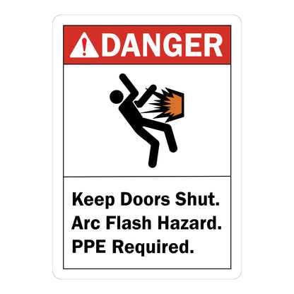 ANSI Danger: Keep Doors Shut Arc Flash Hazard, PPE Required (With Graphic) Sign Sticker with red header, black figure being struck by arc flash icon, and bold black warning text below