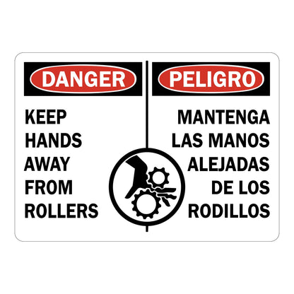 Keep Hands Away From Rollers sign with red Danger header and matching English and Spanish warning text