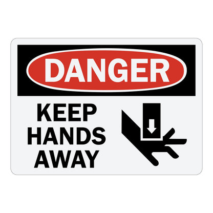 Keep Hands Away sign with graphic and red Danger header and bold warning text, with safety graphic