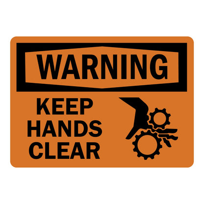 Keep Hands Clear sign with orange Warning header and bold warning text, with safety graphic