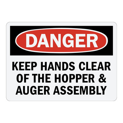 Keep Hands Clear Of The Hopper And Auger Assembly sign with red Danger header and bold warning text