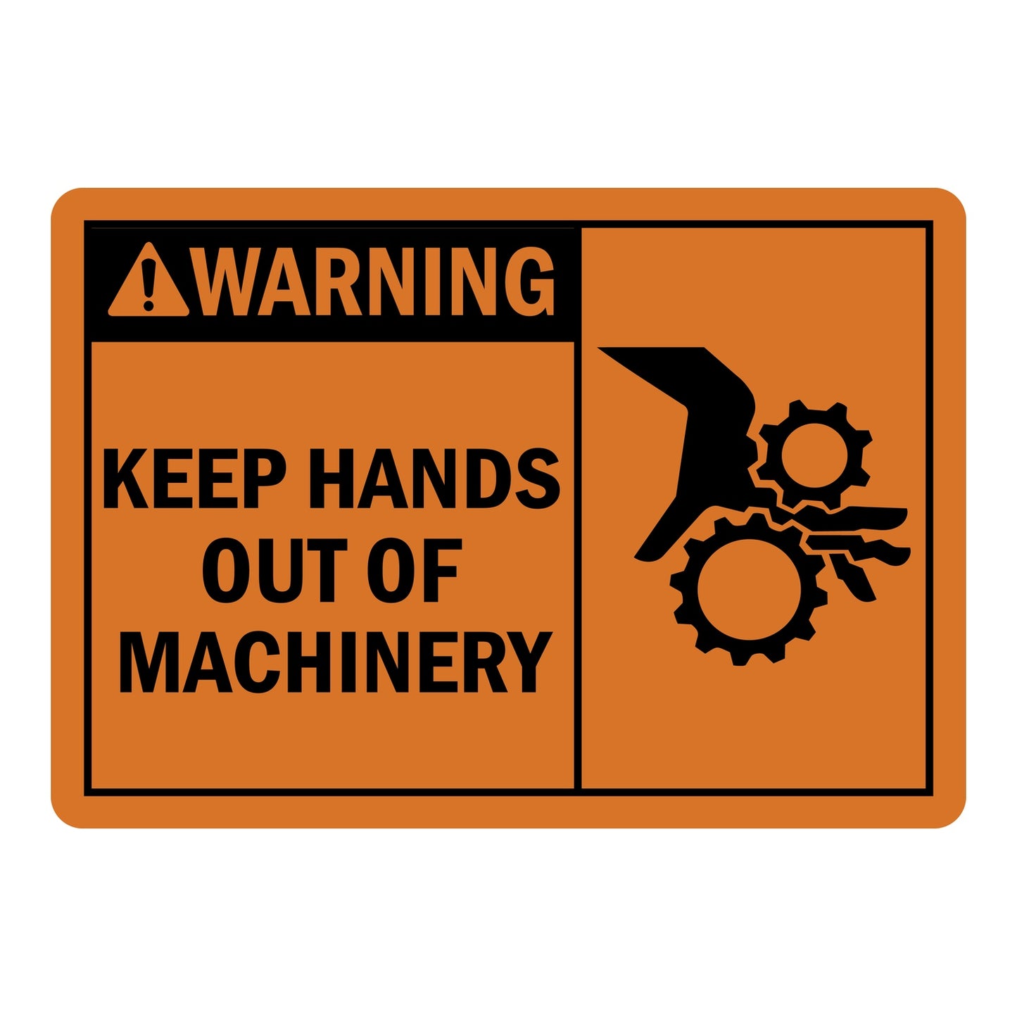 OSHA Warning: Keep Hands Out of Machinery Sign Stickers with Graphic with orange Warning header and bold warning text, with safety graphic