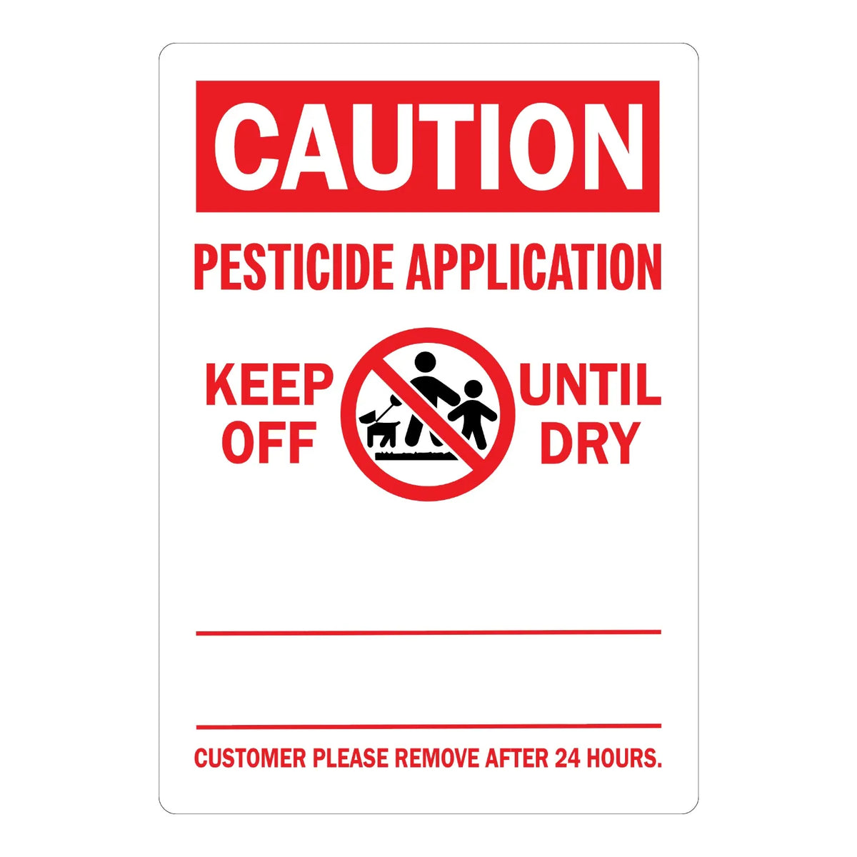 OSHA Caution: Pesticide Application Keep Off Until Dry sign sticker with bold red text on white and a no-entry icon, ideal for lawns, gardens, and treated areas.