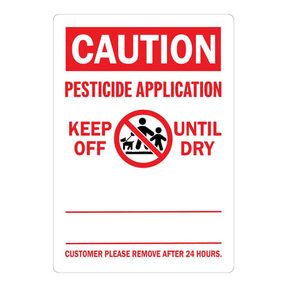 OSHA Caution: Pesticide Application Keep Off Until Dry sign sticker with bold red text on white and a no-entry icon, ideal for lawns, gardens, and treated areas.