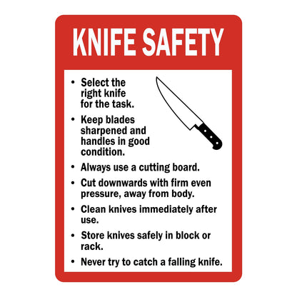 Food Safety: Knife Safety Guidelines Sign Stickers with a red border, white KNIFE SAFETY header, knife graphic and a black bulleted list of knife safety rules
