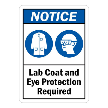 ANSI Notice: Lab Coat and Eye Protection Required sign stickers: blue NOTICE header, blue lab coat and safety glasses icons, bold black instructional text.