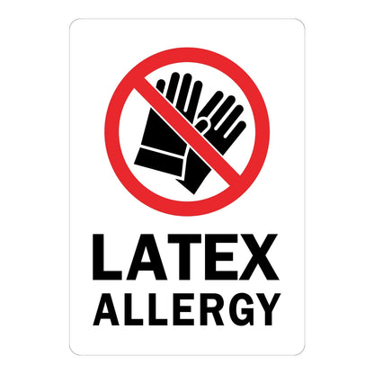 Warning: Latex Allergy sign sticker with a no-gloves icon and bold black text on white, ideal for healthcare and workplace latex sensitivity identification.