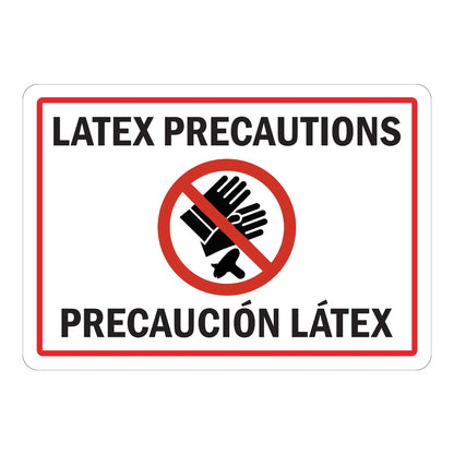Spanish Caution: Latex Precautions - Precaucion Latex Sign Sticker – white sign with red border featuring a no-latex-gloves symbol and bilingual English and Spanish text warning of latex precautions