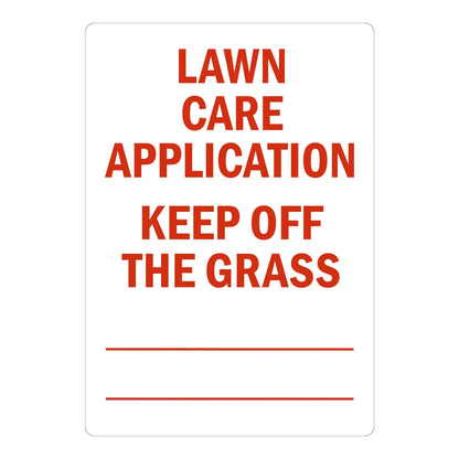 Lawn Care Application Keep Off The Grass sign stickers, white background, bold red text, script-style Easy Gone Weed and Clover Hill Lawn Care lines with underline.