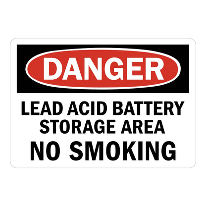 OSHA Danger: Lead Acid Battery Storage Area - No Smoking Sign Sticker with black background, red oval header, and bold black warning text on white panel below