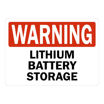 Warning: Lithium Battery Storage Sign Sticker with bold white text on red header banner and large black bold lettering on white background below