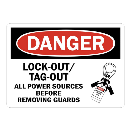 OSHA Danger: Lock-out/ Tag-Out All Power Sources Before Removing Guards