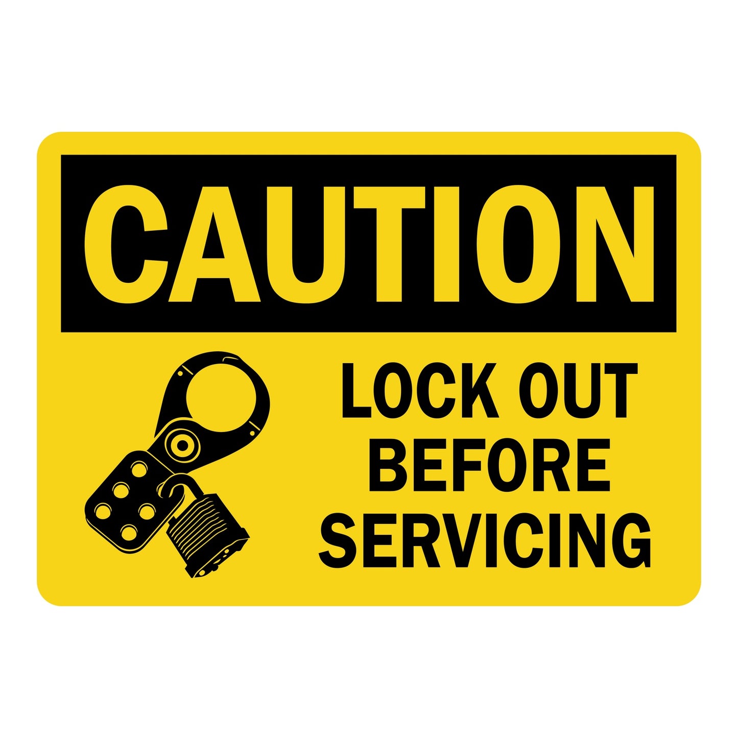 Yellow and black OSHA caution sign sticker with lockout hasp and padlock icons stating Lock Out Before Servicing for workplace equipment safety and lockout tagout compliance