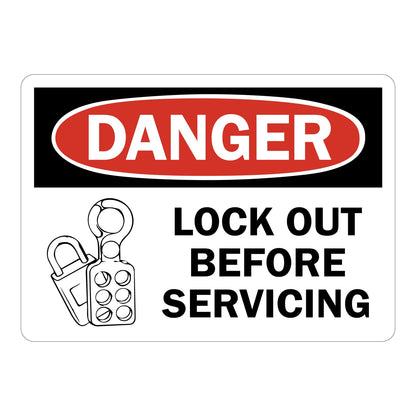 OSHA Danger sign with red oval header, padlock graphic and bold black text: Lock Out Before Servicing on white background. Lockout safety warning sign.