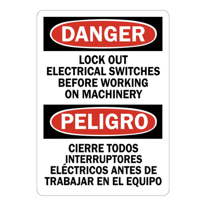 Bilingual OSHA Danger and Peligro sign with red oval headers and bold black text: Lock Out Electrical Switches Before Working On Machinery on white background.