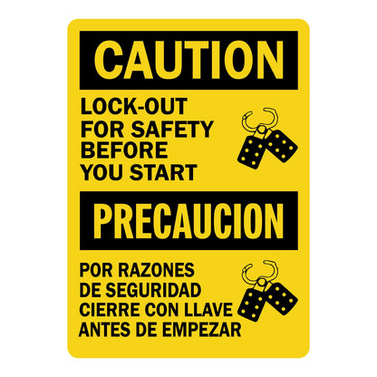 Bilingual OSHA Caution and Precaucion sign with black headers on yellow, lockout icons and bold text: Lock-Out For Safety Before You Start in English and Spanish.