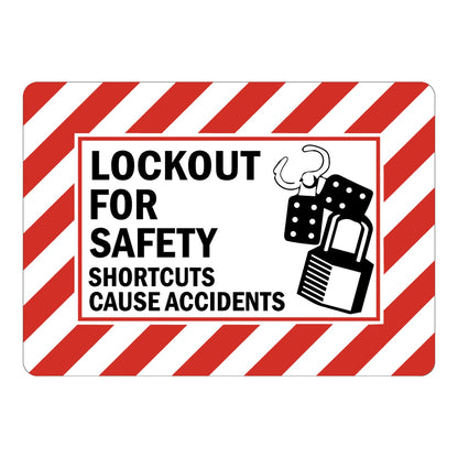 Lock Out For Safety sign with padlock graphic, red diagonal hazard border and bold black text: Shortcuts Cause Accidents on white background. Lockout safety warning.