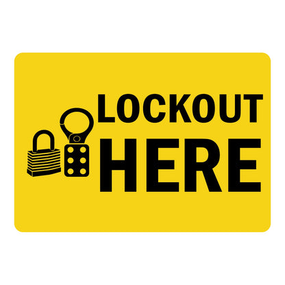 Lock Out Here label with bold black text and padlock icons on bright yellow background. Industrial lockout safety identification label for equipment and machinery.