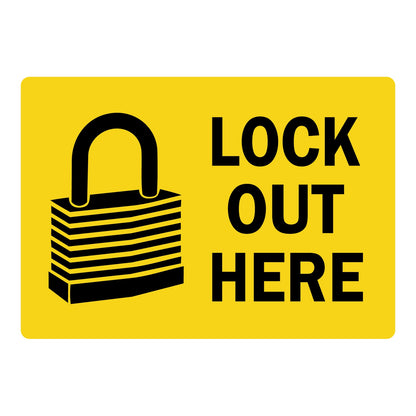 Lock Out Here label with bold black padlock icon and bold black text on bright yellow background. Industrial lockout safety identification label with graphic.