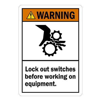 Orange and white ANSI warning sign sticker with hand caught in rotating gears hazard icon stating Lock Out Switches Before Working On Equipment for machinery safety and lockout tagout compliance.