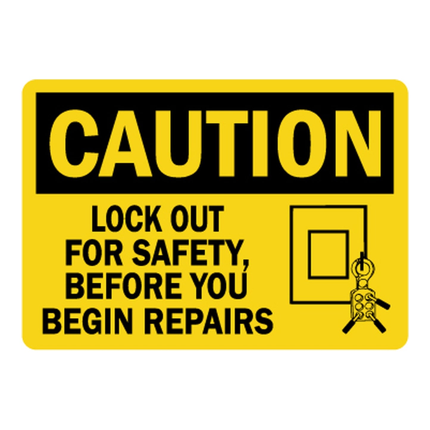 Yellow and black OSHA caution sign sticker with lockout padlock icon stating Lock Out For Safety Before You Begin Repairs for workplace equipment safety compliance