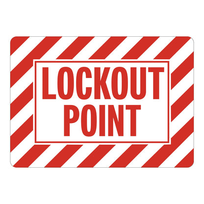Lockout Point safety sign with bold red text on white background and red diagonal hazard stripes border. Lockout Before Servicing industrial safety warning.