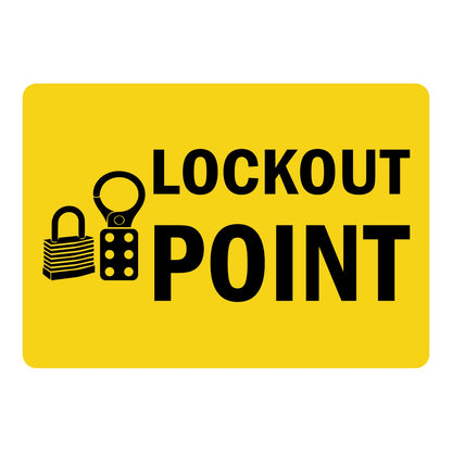 Lockout Point label with bold black text and padlock icon on yellow background. Industrial lockout safety identification label for equipment and machinery.