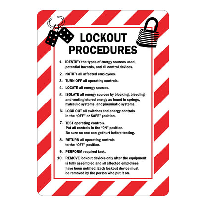 Lockout Procedures sign with padlock icons, red diagonal hazard border and 10-step numbered safety instructions on white background. Industrial lockout safety sign.