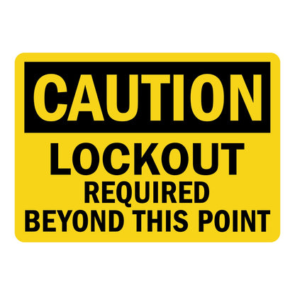 Yellow and black OSHA caution sign sticker with bold text stating Lockout Required Beyond This Point for workplace boundary safety and lockout tagout compliance.